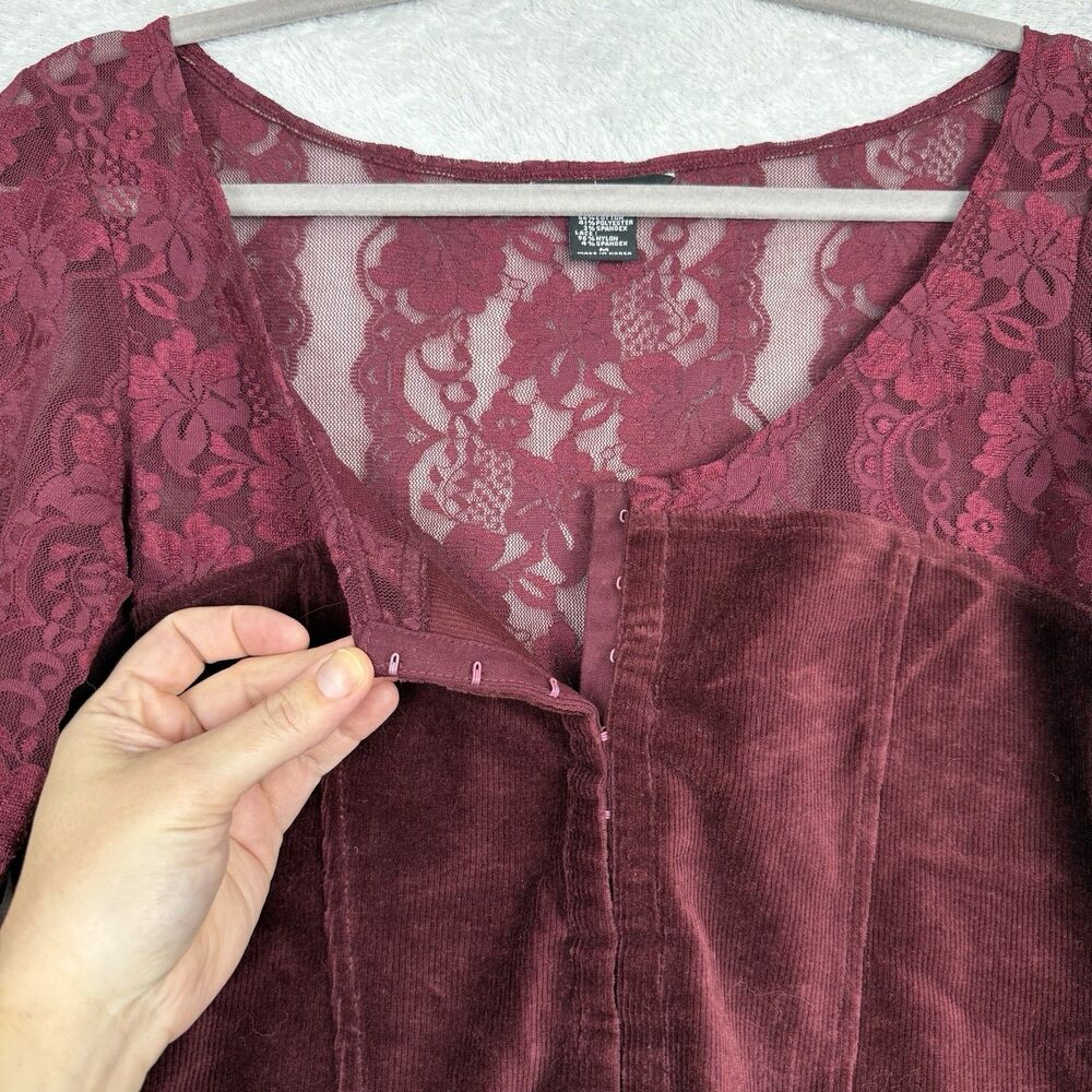 Moda International Burgundy Lace Velvet Long Sleeve Top - Picture 3 of 13